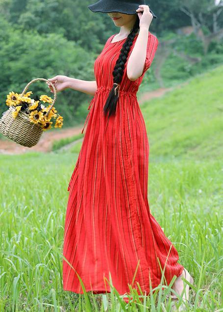 Natural Striped Cotton Long Shirts Tunic Tops Red Cotton Dress Summer