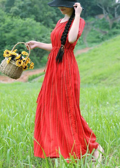 Natural Striped Cotton Long Shirts Tunic Tops Red Cotton Dress Summer