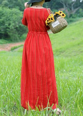 Natural Striped Cotton Long Shirts Tunic Tops Red Cotton Dress Summer