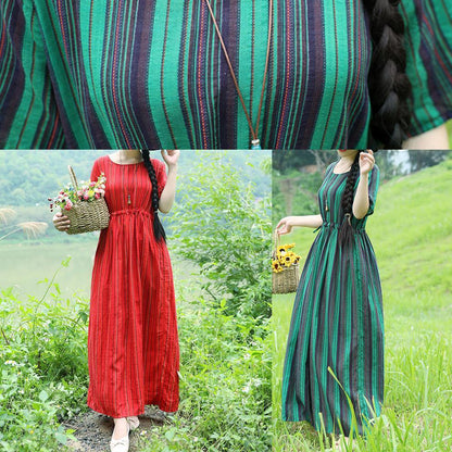 Natural Striped Cotton Long Shirts Tunic Tops Red Cotton Dress Summer