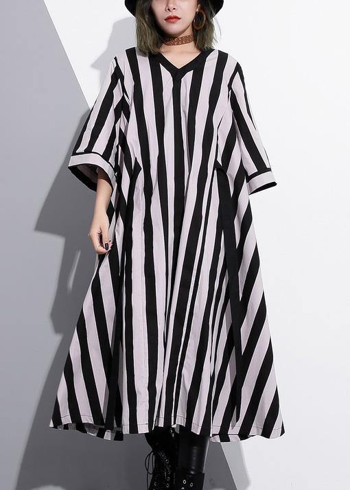 Natural Striped Cotton Tunics V Neck Summer Dress