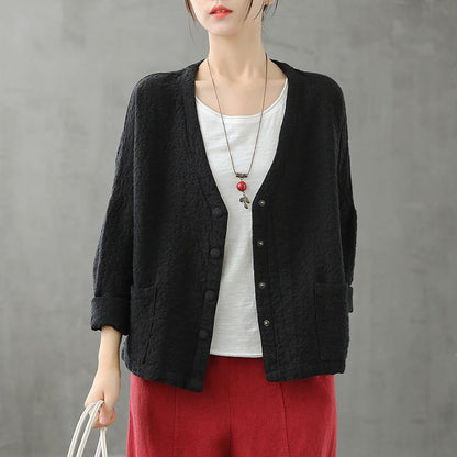Natural V Neck Button Down Fall Shirts Pattern Black Top