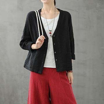 Natural V Neck Button Down Fall Shirts Pattern Black Top