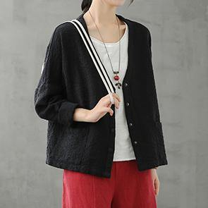 Natural V Neck Button Down Fall Shirts Pattern Black Top