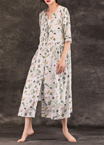 Natural V Neck Button Down Linen Dresses Work Outfits Gray Print Dresses Summer