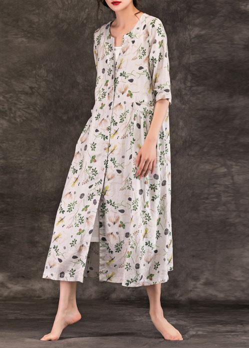 Natural V Neck Button Down Linen Dresses Work Outfits Gray Print Dresses Summer