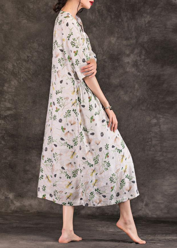 Natural V Neck Button Down Linen Dresses Work Outfits Gray Print Dresses Summer