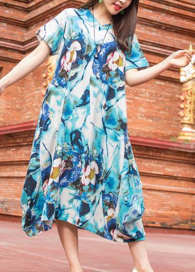 Natural V Neck Asymmetric Cotton Quilting Outfits Light Blue Print Maxi Dress Summer