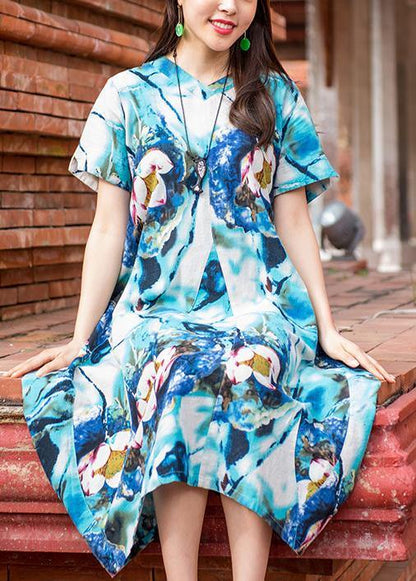 Natural V Neck Asymmetric Cotton Quilting Outfits Light Blue Print Maxi Dress Summer