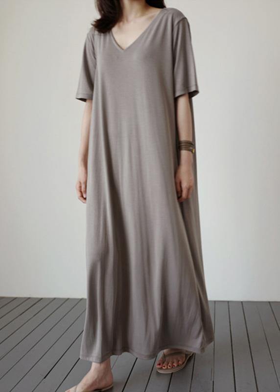 Natural V Neck Baggy Cotton Tunics Work Gray Cotton Dress