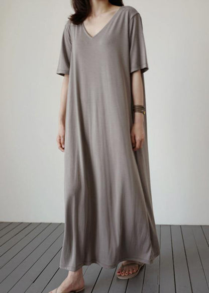 Natural V Neck Baggy Cotton Tunics Work Gray Cotton Dress