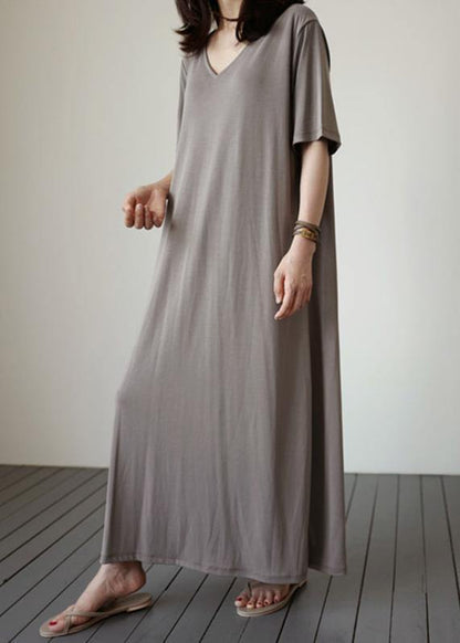 Natural V Neck Baggy Cotton Tunics Work Gray Cotton Dress