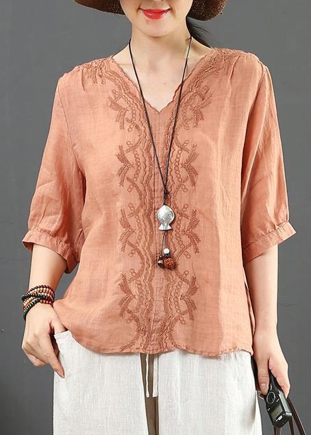 Natural V Neck Embroidery Linen Clothes for Sleeve Orange Blouses