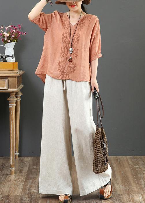 Natural V Neck Embroidery Linen Clothes for Sleeve Orange Blouses