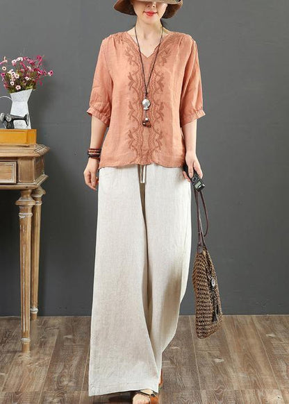Natural V Neck Embroidery Linen Clothes for Sleeve Orange Blouses