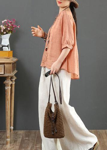 Natural V Neck Embroidery Linen Clothes for Sleeve Orange Blouses