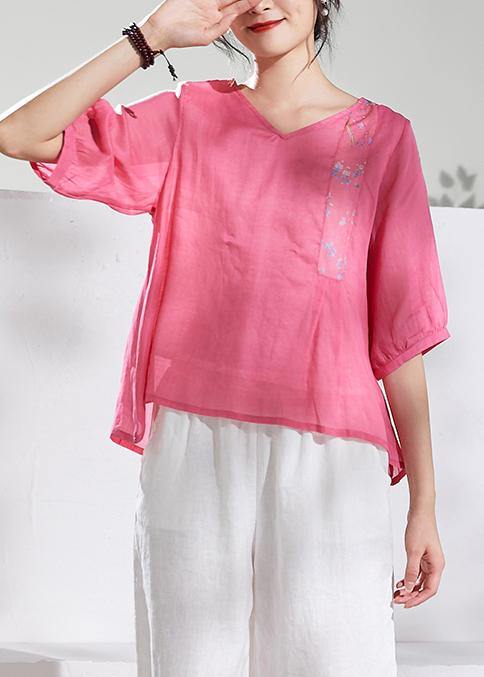 Natural V Neck Half Sleeve Linen Summerclothes for Pink Print Blouse