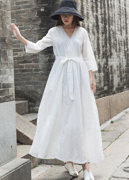 Natural V Neck Linen Clothes for Outfits White Dress Fall