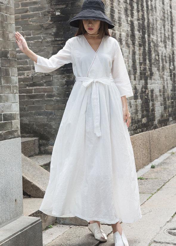 Natural V Neck Linen Clothes for Outfits White Dress Fall