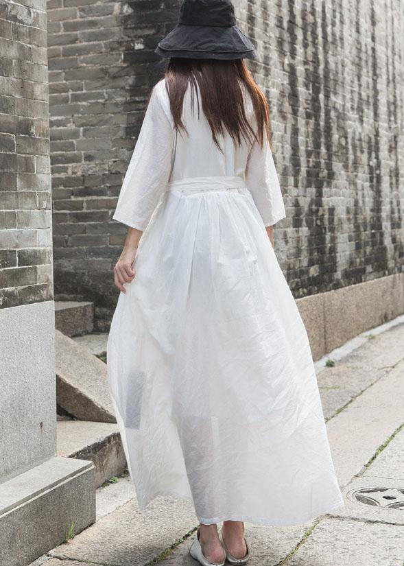 Natural V Neck Linen Clothes for Outfits White Dress Fall