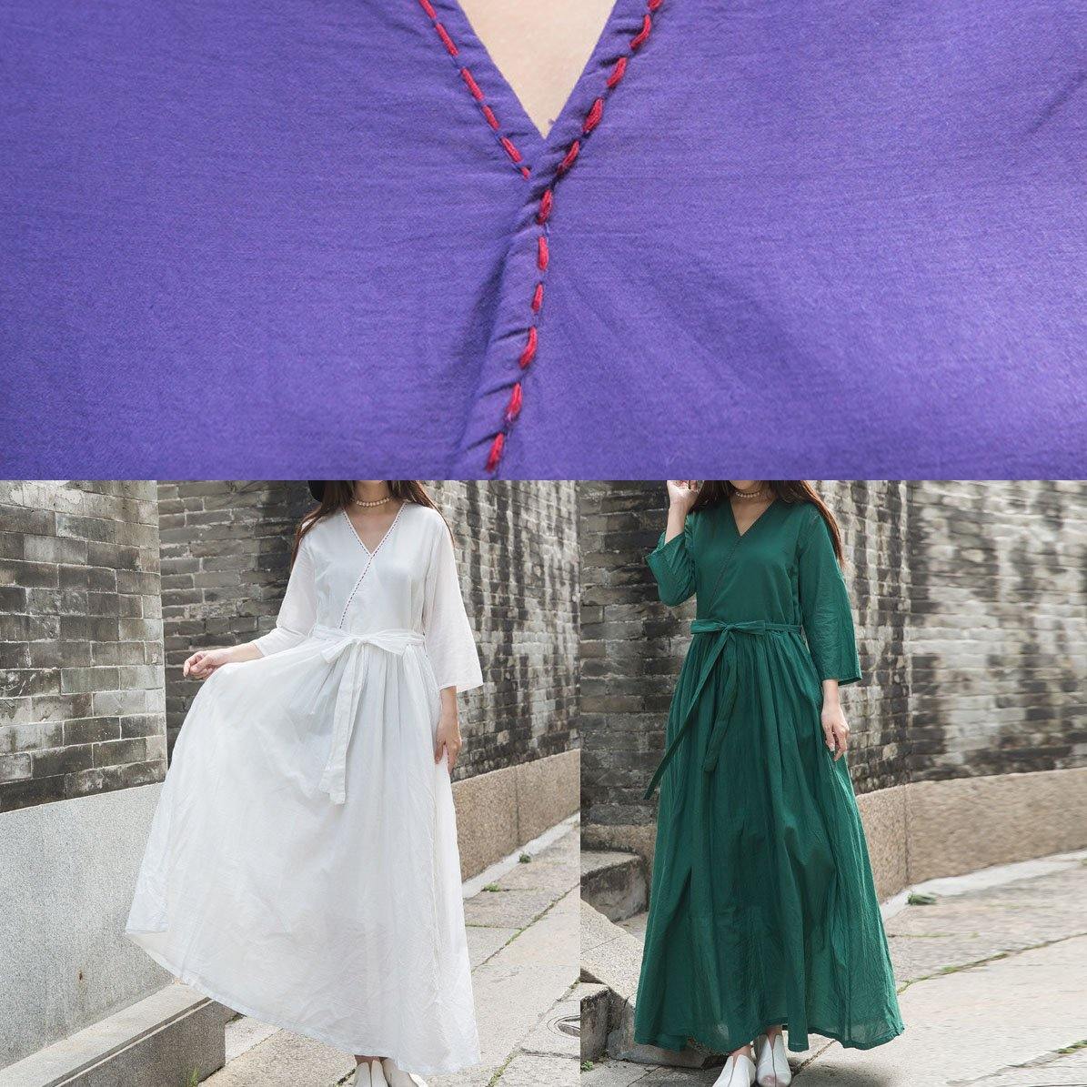 Natural V Neck Linen Clothes for Outfits White Dress Fall