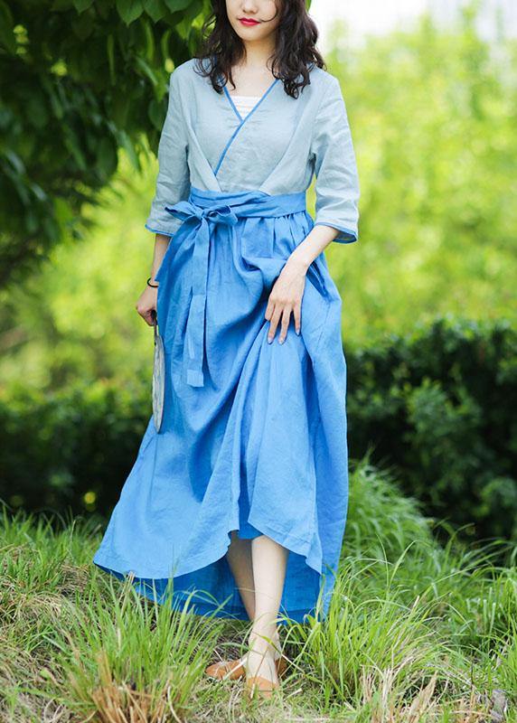 Natural V Neck Patchwork Linen Summer Long Shirts Pattern Blue Dresses