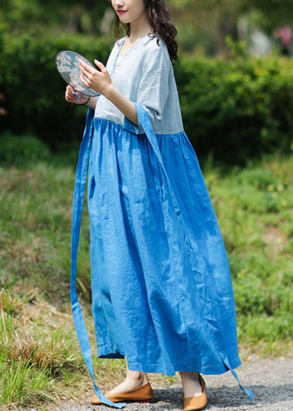 Natural V Neck Patchwork Linen Summer Long Shirts Pattern Blue Dresses