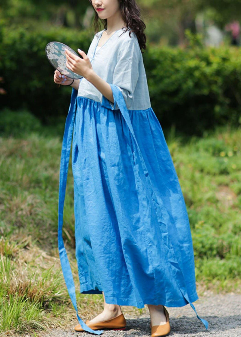 Natural V Neck Patchwork Linen Summer Long Shirts Pattern Blue Dresses