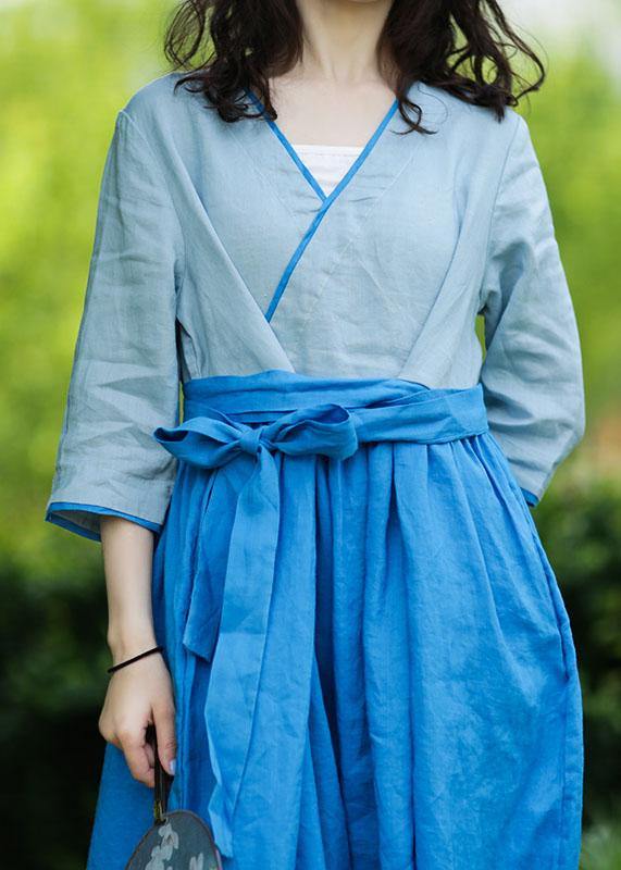 Natural V Neck Patchwork Linen Summer Long Shirts Pattern Blue Dresses