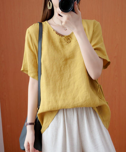 Natural V Neck Tie Waist Tops Blouses Christmas Gifts Yellow Embroidery Shirts