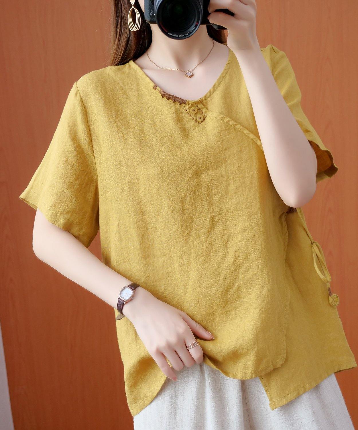 Natural V Neck Tie Waist Tops Blouses Christmas Gifts Yellow Embroidery Shirts