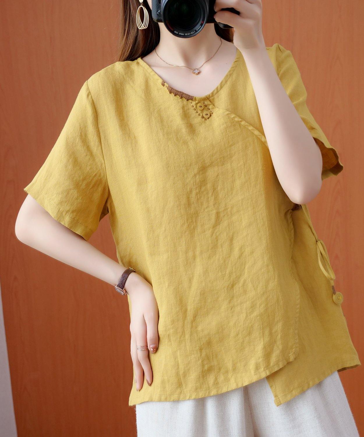 Natural V Neck Tie Waist Tops Blouses Christmas Gifts Yellow Embroidery Shirts