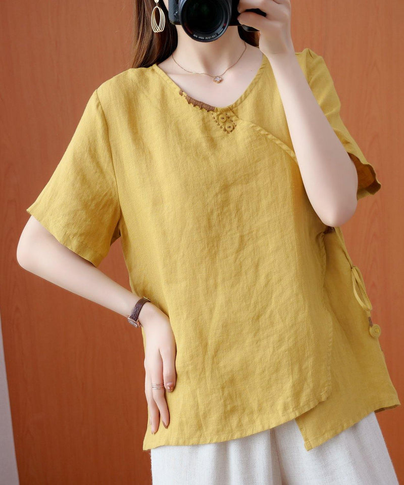Natural V Neck Tie Waist Tops Blouses Christmas Gifts Yellow Embroidery Shirts