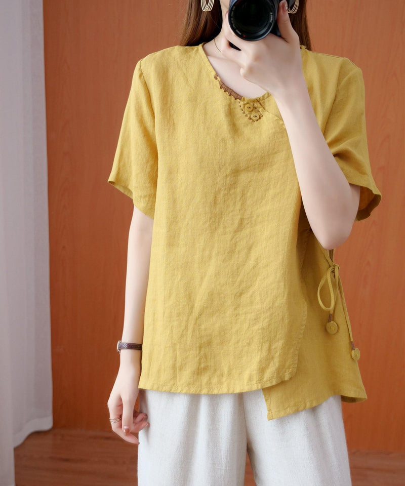 Natural V Neck Tie Waist Tops Blouses Christmas Gifts Yellow Embroidery Shirts
