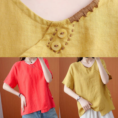 Natural V Neck Tie Waist Tops Blouses Christmas Gifts Yellow Embroidery Shirts