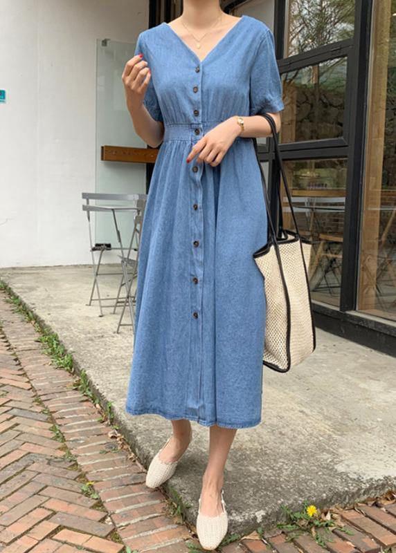 Natural V Neck Cinched Clothes Sewing Blue Robe Dress