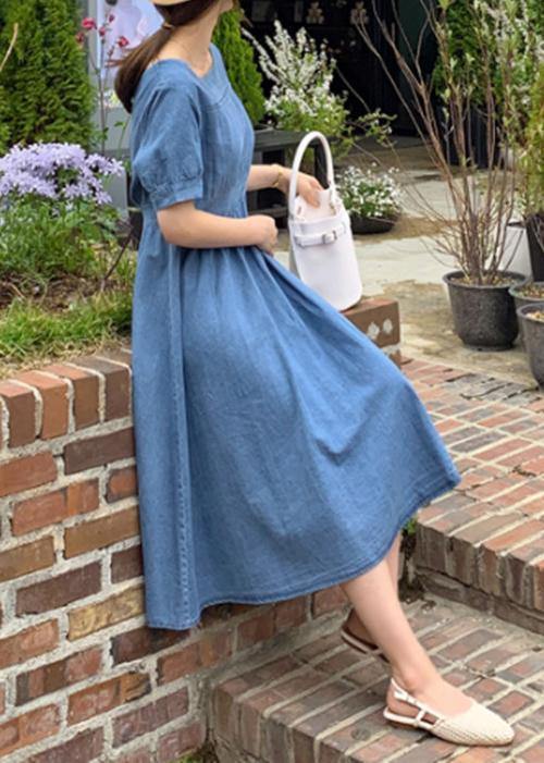 Natural V Neck Cinched Clothes Sewing Blue Robe Dress