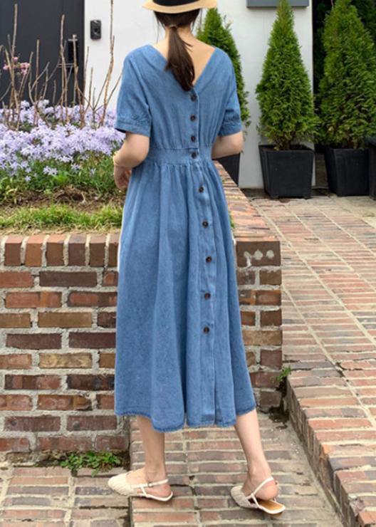 Natural V Neck Cinched Clothes Sewing Blue Robe Dress