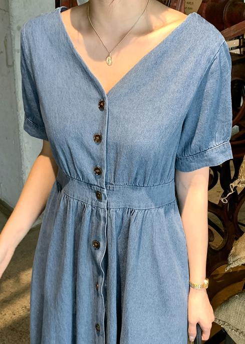 Natural V Neck Cinched Clothes Sewing Blue Robe Dress