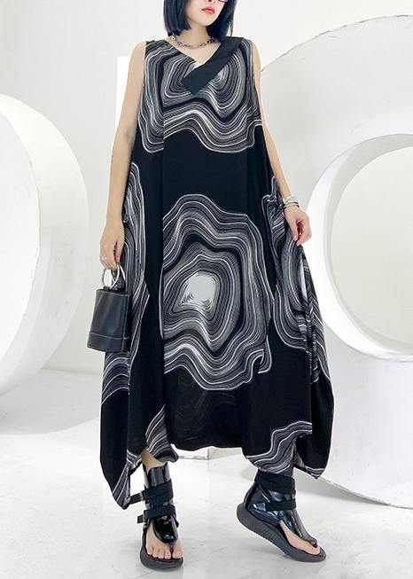 Natural V Neck Zippered Linen Dresses Wardrobes Black Print Dress