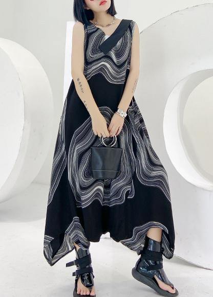 Natural V Neck Zippered Linen Dresses Wardrobes Black Print Dress