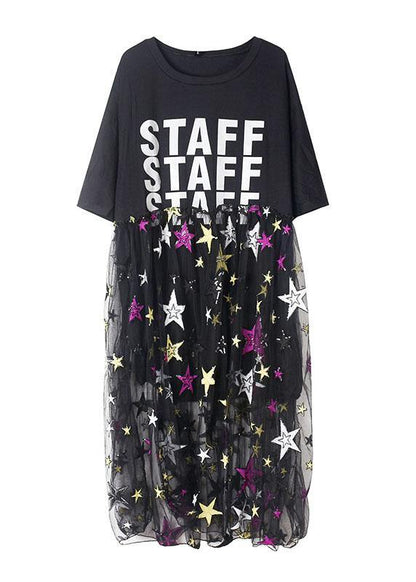 Natural White Alphabet Prints Cotton Clothes Patchwork Summer Dress