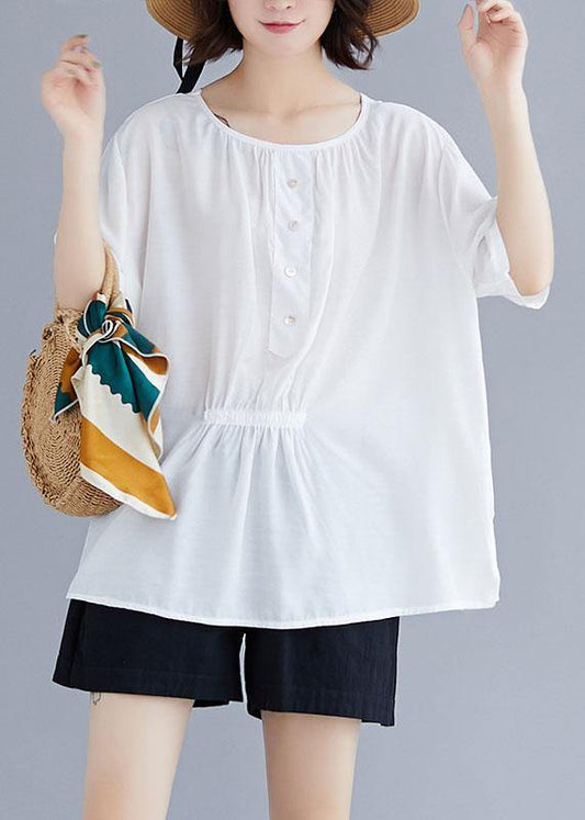 Natural White Cotton Blouse O Neck Half Sleeve Loose Summer Top