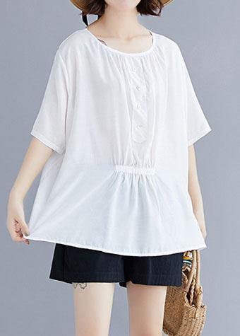 Natural White Cotton Blouse O Neck Half Sleeve Loose Summer Top