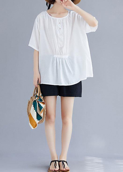 Natural White Cotton Blouse O Neck Half Sleeve Loose Summer Top