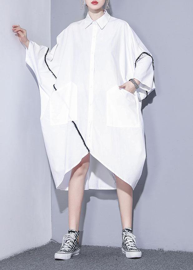 Natural White Cotton Clothes for Lapel Pockets Patchwork Cotton Dress