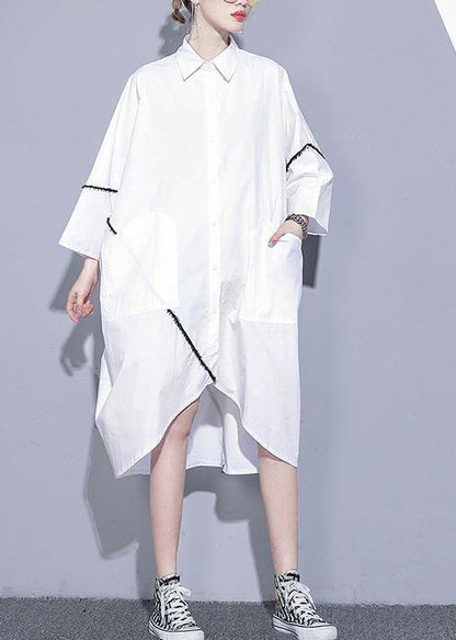 Natural White Cotton Clothes for Lapel Pockets Patchwork Cotton Dress