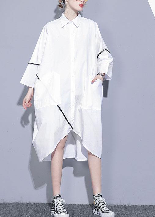 Natural White Cotton Clothes for Lapel Pockets Patchwork Cotton Dress