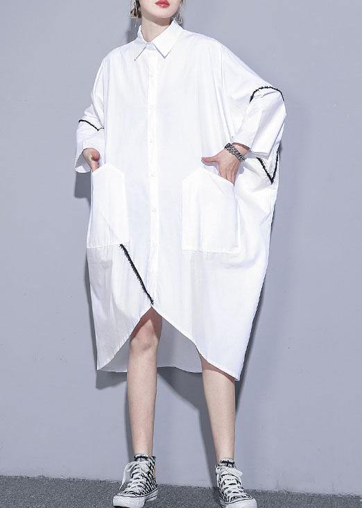 Natural White Cotton Clothes for Lapel Pockets Patchwork Cotton Dress