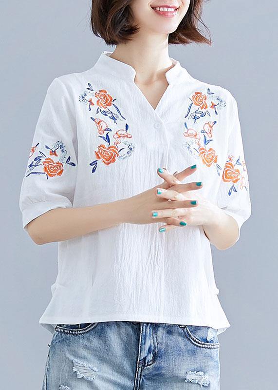 Natural White Embroidery Linen Clothes Work Outfits V Neck Summer Blouses